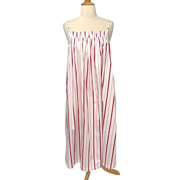 Lake Poplin Ruffle Midi Nightgown in Candy Stripe Red White Pink Pockets Size XS - Picture 1 of 10